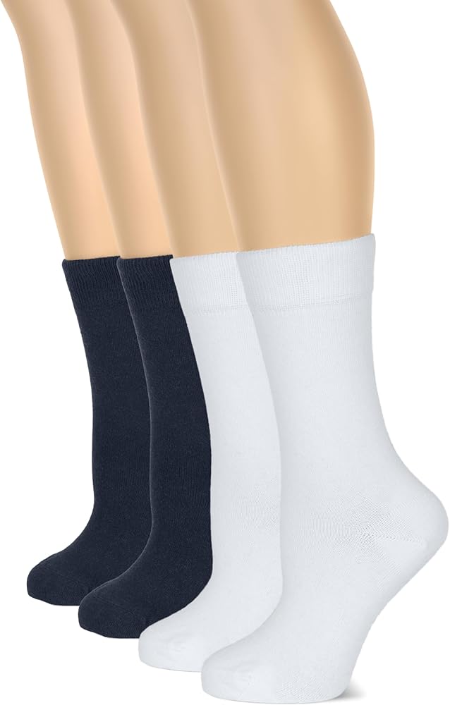 Hugh Ugoli Women's Cotton Crew Socks | Plain Color, Regular Fit, Soft Casual Socks for Trouser, 4 Pairs, White/Navy Blue, Shoe Size: 9-12