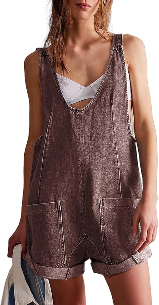 Women's Short Denim Overall Jumpsuits Casual Sleeveless V Neck Rolled Barrel Baggy Jeans Shorts Romper