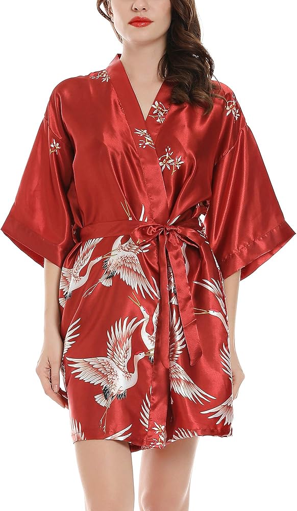 Women Kimono Robes Satin Dressing Gown Crane and Blossoms Sleep Lounge Nightwear Short Silk Bride Bridesmaid Robe