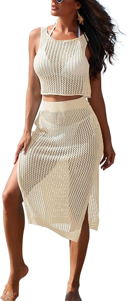 Sovoyontee Women's 2 Piece Crochet Swimsuits Coverup Hollow Out Knit Swim Cover up Bathing Suit Side Slit Beach Dress