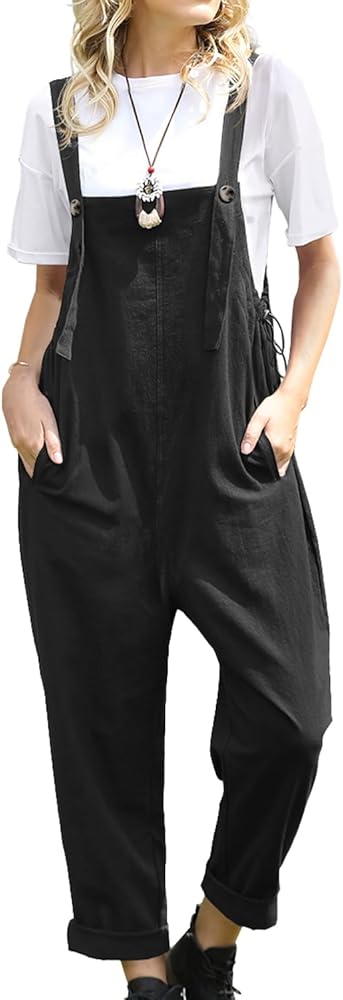 YESNO Women Casual Loose Bib Pants Overalls Baggy Cotton Harem Jumpsuits Rompers with Pockets PV2