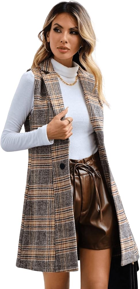 MakeMeChic Women's Buffalo Plaid Vest Outcoat Lapel Open Front Tweed Cardigan Jacket Coat