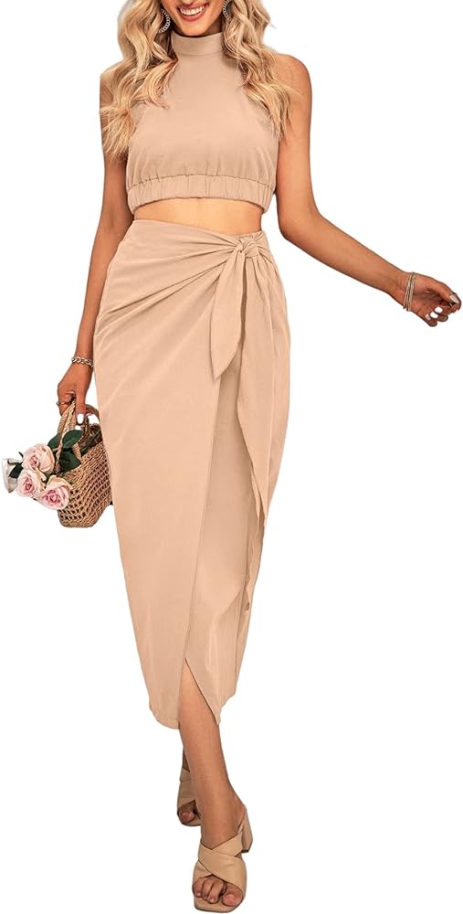 CFLONGE Women's 2 Piece Outfits Casual Sleeveless Halter Crop Top and Draped Ruched Skirt Solid Set for Cocktail Party