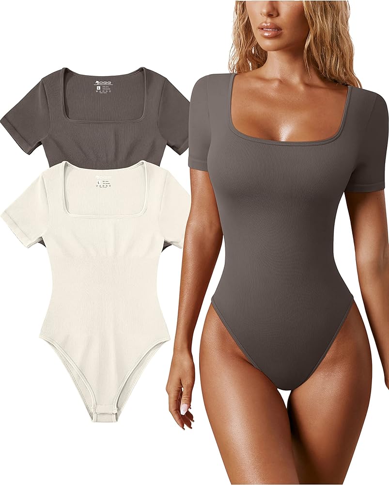 OQQ Women's 2 Piece Bodysuits Sexy Ribbed One Piece Square Neck Short Sleeve Bodysuits