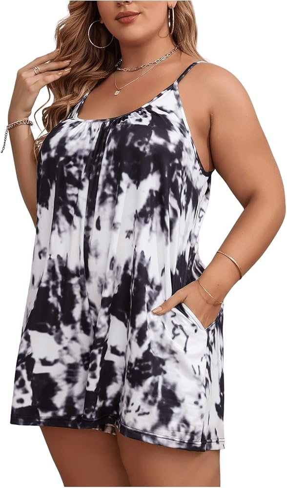 MakeMeChic Women's Plus Size Tie Dye Cami Romper with Pockets Short Jumpsuit