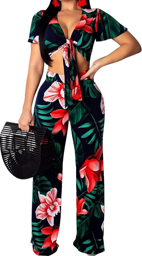 Two Piece Outfits for Women Sexy Elegant Crop Top Long Straight Pants Sets Swimsuit Coverups Beach Vacation