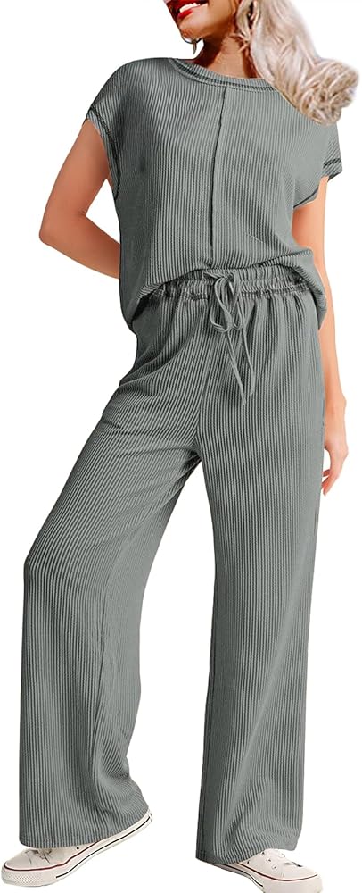 SHEWIN Women's 2 Piece Outfits Lounge Sets Casual Cap Sleeve Pullover Tops Matching Drawstring Wide Leg Pants Tracksuit Set