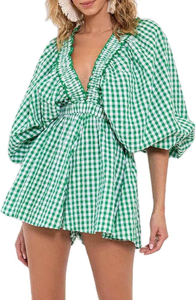 Gingham Short Rompers Women Deep V Neck Puff Sleeve Plaid Playsuit Smocked Ruffle Jumpsuit One Piece Outfits