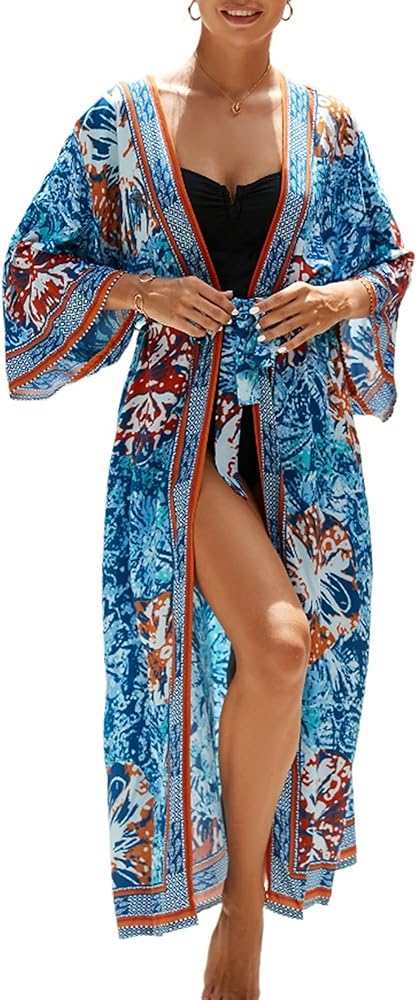 Women Casual Open Front Lightweight Cardigan Long Beach Kimono Cover Up