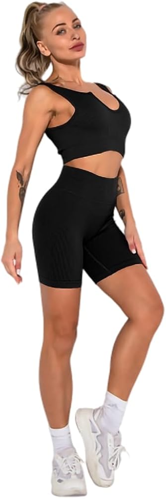 Women's 2-Piece Seamless Ribbed Workout Set High-Waisted Shorts & Sports Bra