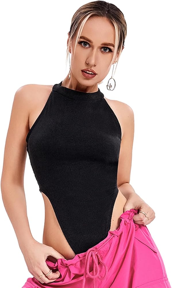 Women's Casual Halter Neck Ribbed High Cut Slim Fit Bodysuit Sleeveless Tank Tops Clubwear