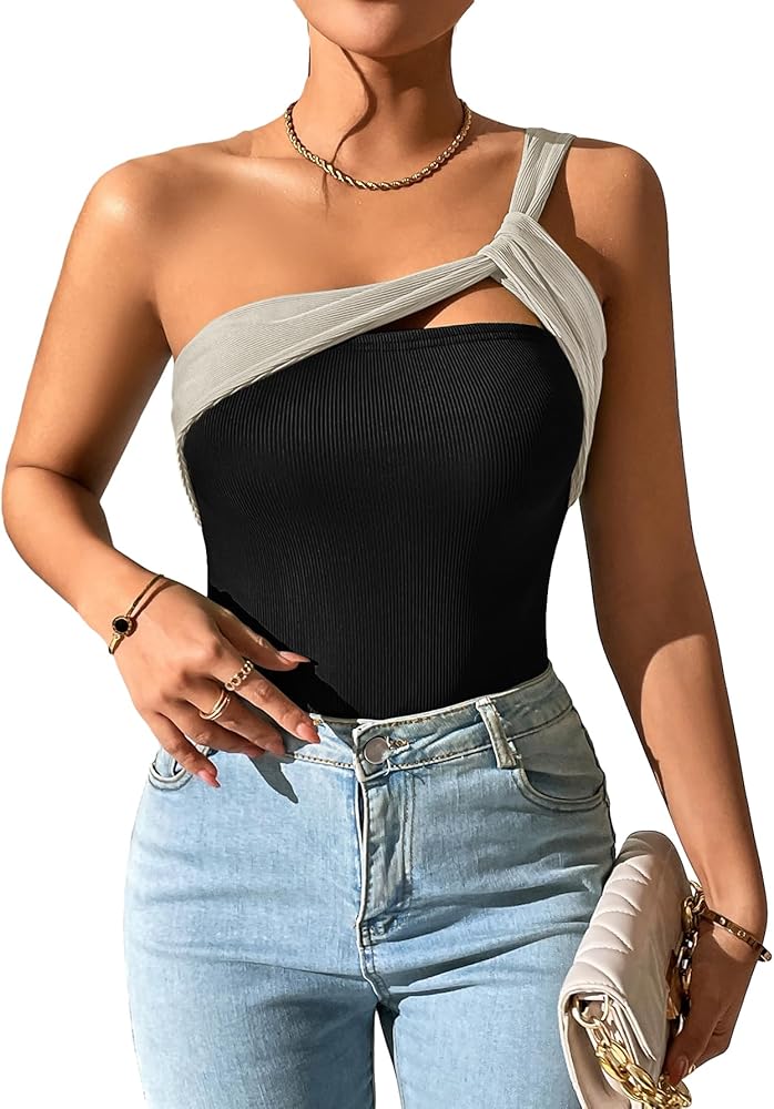 GORGLITTER Women's Color Block One Shoulder Bodysuit Tops Cut Out Sleeveless Leotard Tank Top Black Large