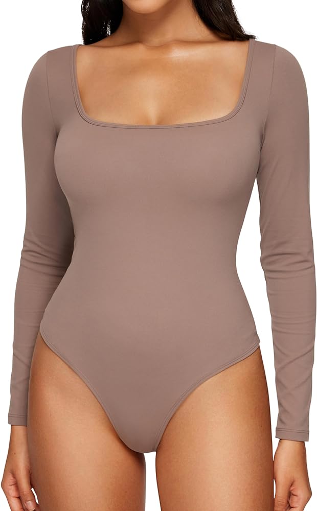 CRZ YOGA Butterluxe Square Neck Long Sleeve Bodysuit for Women Sexy Thong Bodysuits Tops Soft Stretchy