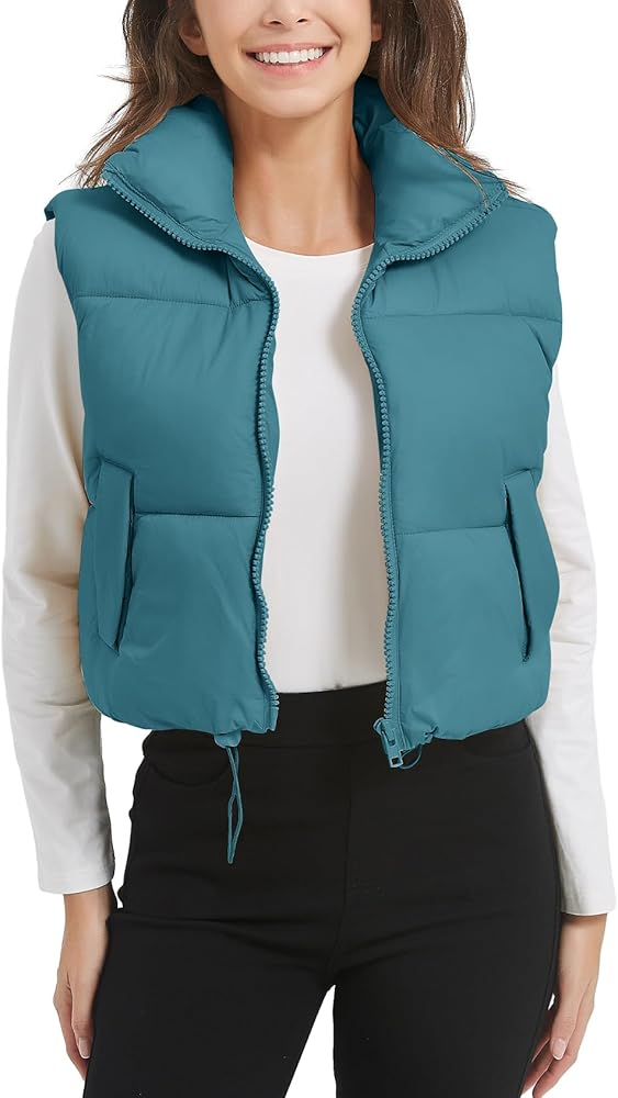 Flygo Puffer Vest Women Cropped Vest Zip Up Stand Collar Sleeveless Lightweight Winter Down Vests Jacket