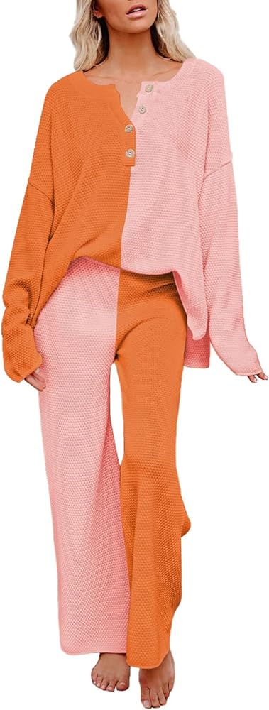 Pink Queen Women's 2 Piece Outfit Set Button Knit Pullover Sweater Top Wide Leg Pants Color Block Pajamas Orange XL