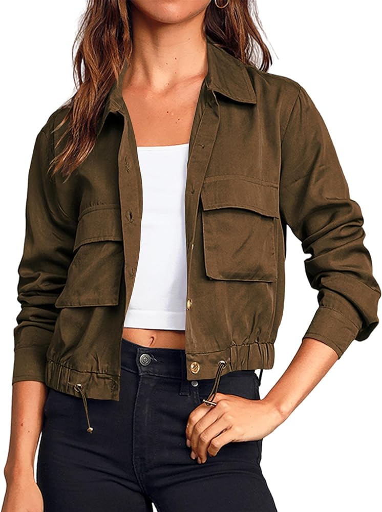 Onedreamer Women's Military Safari Cropped Jackets Button Down Lightweight Oversized Utility Anorak Coat with Pockets