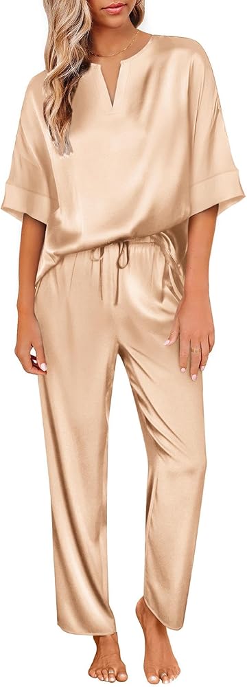 Ekouaer Satin Pajama Set Womens Silk Short Sleeve V Neck Shirt with Long Pant Soft Loungewear Pjs Set