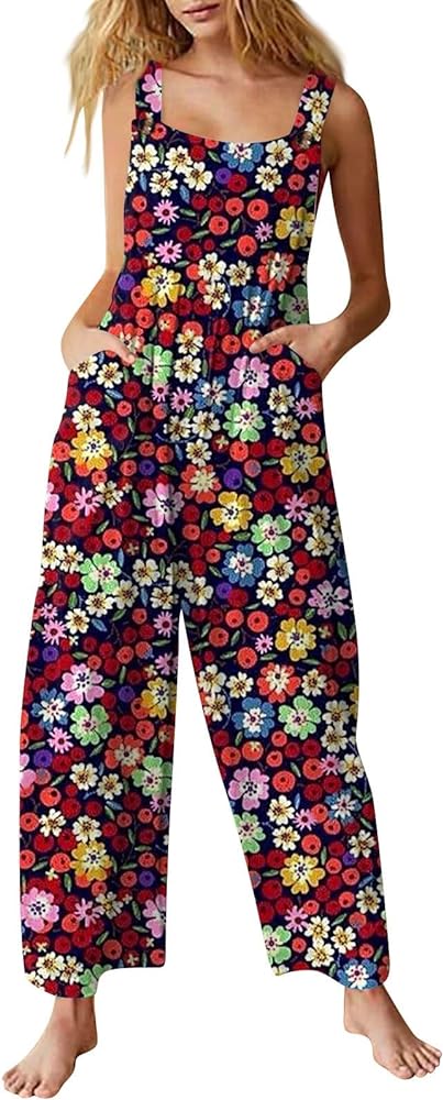 Womens Jumpsuits Summer Loose Boho Jumpsuits for Women Dressy Hippie Overalls Wide Leg Pants Romper with Pockets