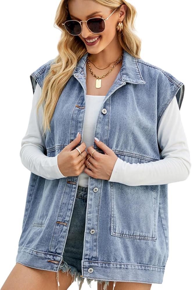 Women's Denim Vest Oversized Sleeveless Jean Jacket Button Down Casual Waistcoat With Detachable Hooded Vest