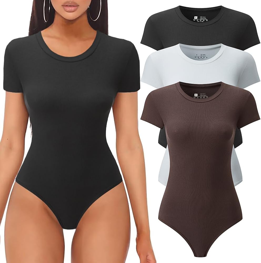 3 Pack Women's Round Neck Short Sleeve T Shirts Basic RibKnit Bodysuits