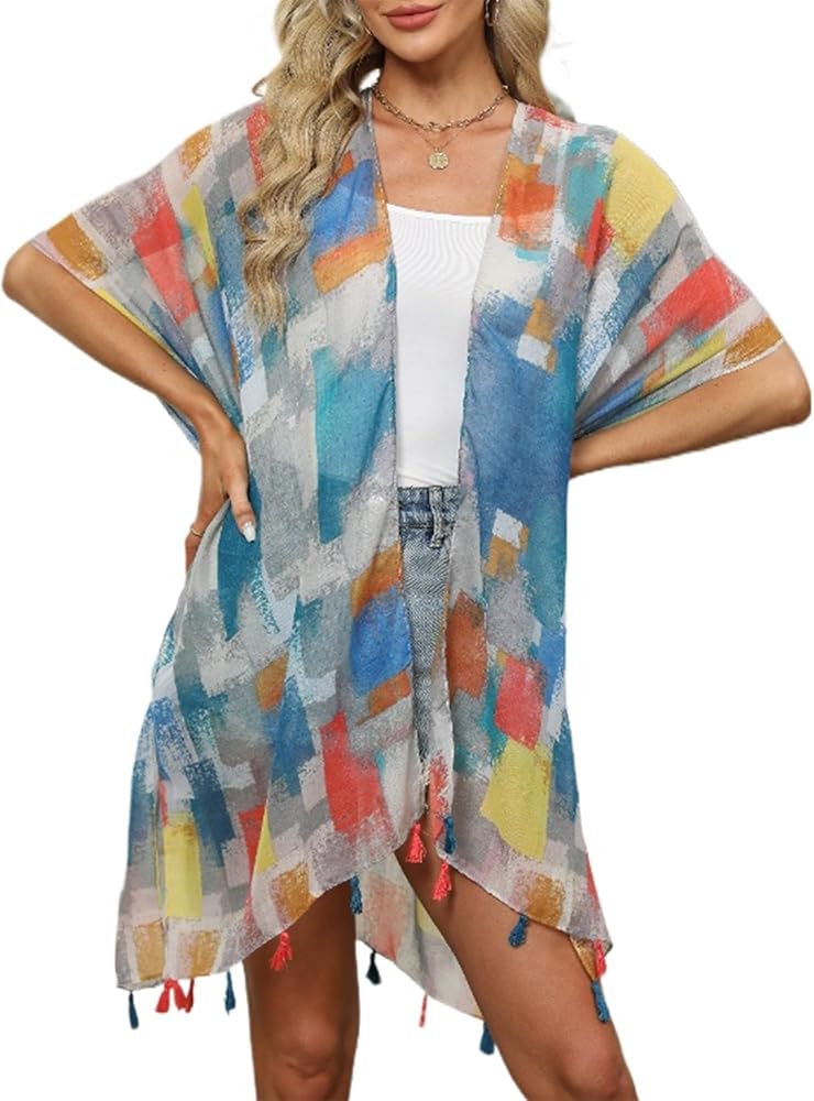 Chunoy Women Floral Print Lightweight Open Front Beach Wear Kimono Cover Up