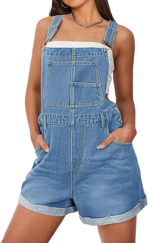 MEROKEETY Women's Denim Shortalls Adjustable Straps Bib Overalls Shorts Cuffed Jean Romper with Pockets