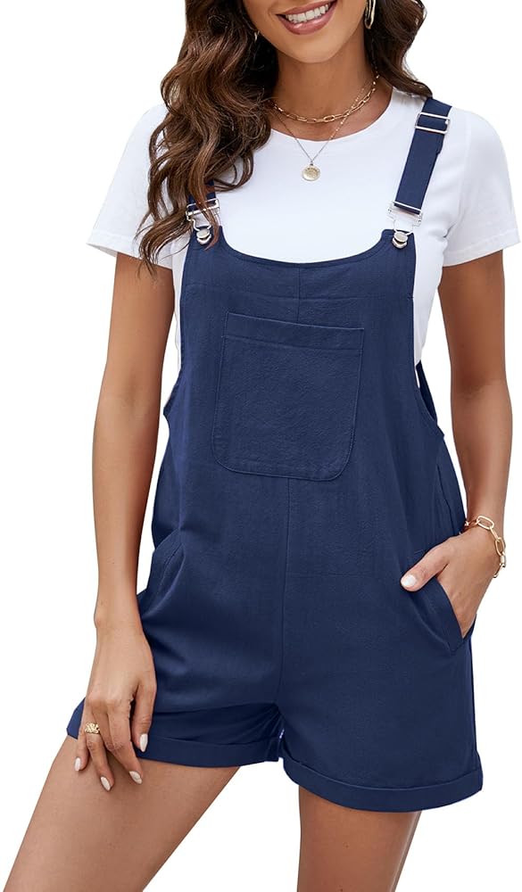 Flygo Women's Short Overalls Summer Casual Cotton Linen Adjustable Bib Shortalls Jumpsuits Romper Shorts with Pockets