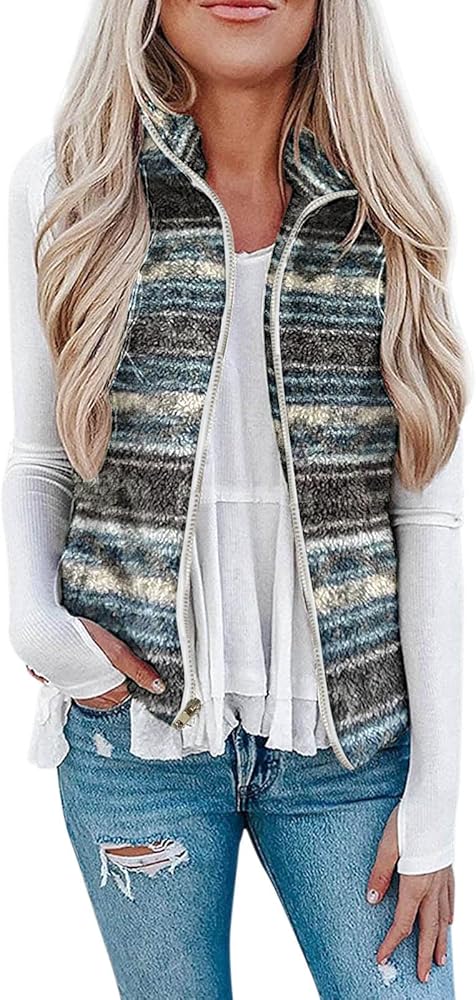 Women's Fleece Vest Sleeveless Plush Jacket Printed Zip Lapel Coat Pocket Vintage Casual Fuzzy Cardigan