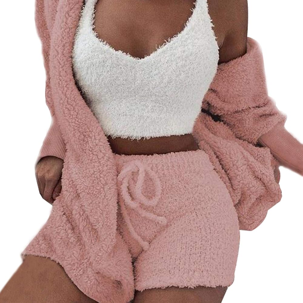 VNVNE Womens Sexy Fuzzy Warm Sherpa Fleece 3 Piece Outfit Fleece Coat Jacket Outwear and Spaghetti Strap Crop Top Shorts Set