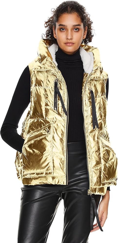 Orolay Women's Metallic Down Vest - Fashion Cropped Sleeveless Puffer Jacket Lightweight Shiny Hooded Gilet with Pockets