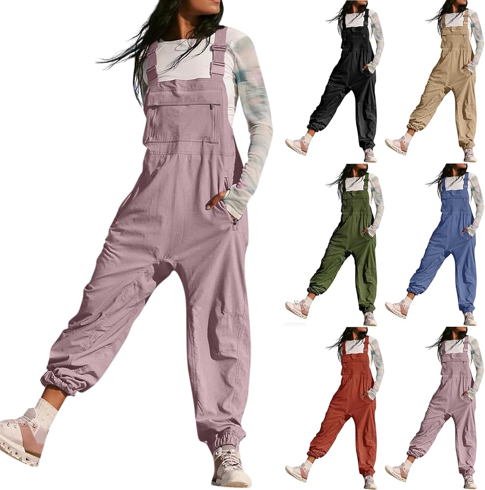 Hiking Overalls for Women Loose Fit Adjustable Straps Cargo Jogger Jumpsuit Casual Bib Rompers with Zippered Pockets