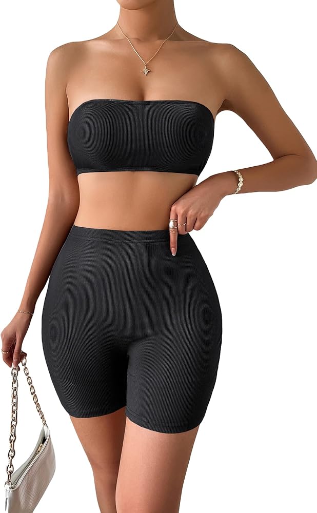 Floerns Women's Workout Set 2 Piece Bandeau Crop Top Biker Shorts Yoga Outfit