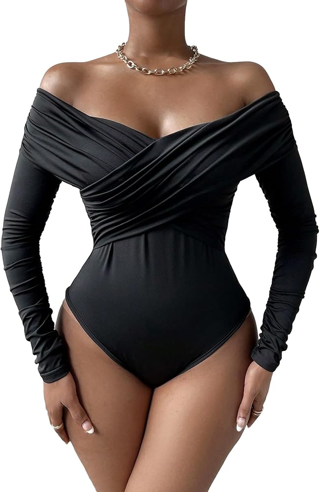 SHENHE Women's Off The Shoulder Ruched Long Sleeve Slim Fitted Elegant Bodysuit Top