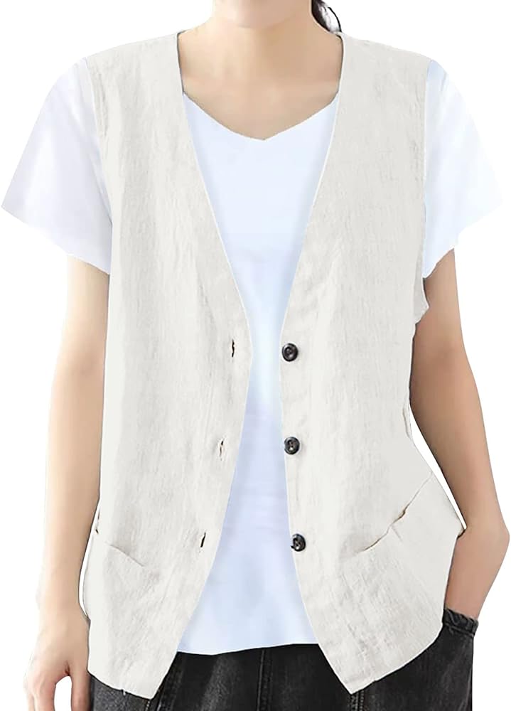 Cotton Linen Vests for Women 2023 Fashion Sleeveless Button Down Blazer Jacket Summer Casual Loose Vest Outerwear