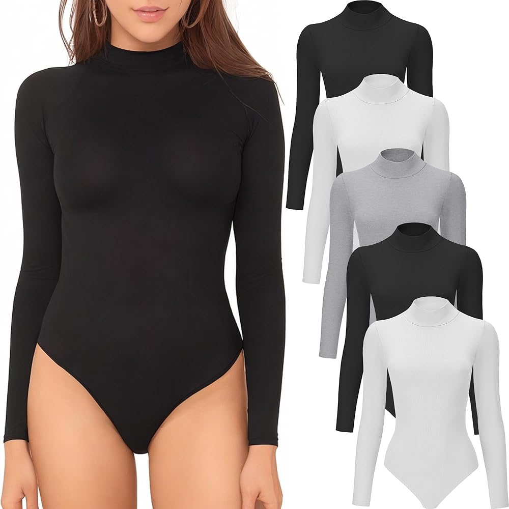 MCPORO Long Sleeve Bodysuit for Women 4/5 Pack Basic Mock Turtleneck Black Women's Body Suits Tops