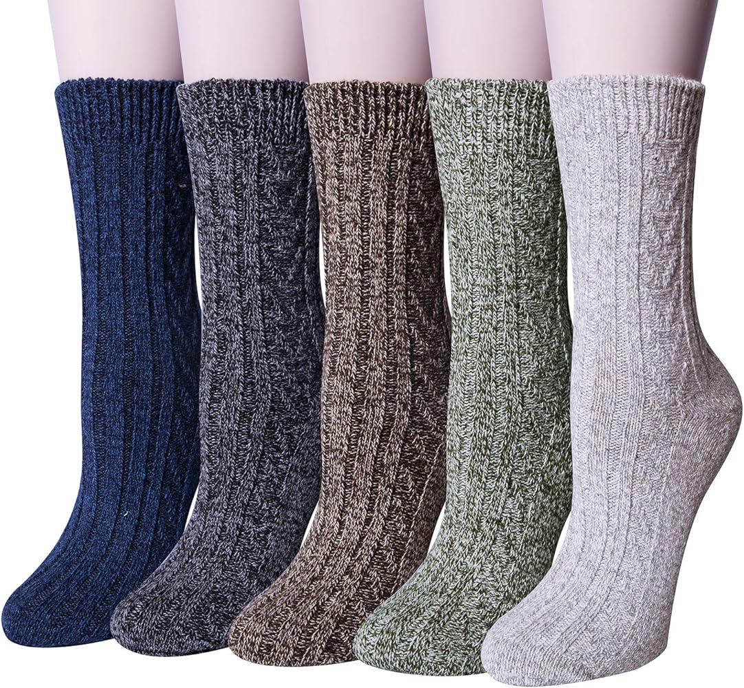 Loritta Pack of 5 Womens Winter Socks Warm Thick Knit Wool Soft Vintage Casual Crew Socks Gifts