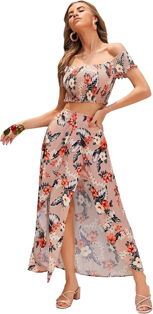 Floerns Women's Two Piece Outfit Floral Crop Top and Split Long Skirt Set