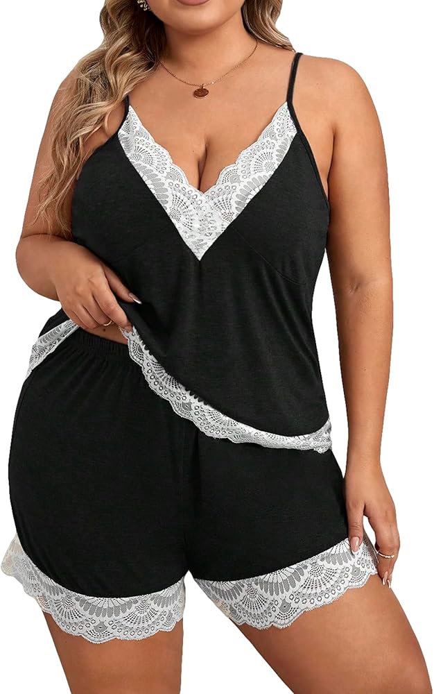 WDIRARA Women's Plus Size Lace Trim Cami Top and Shorts Ribbed Pajama Set Sleepwear