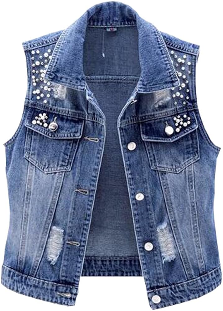 Womens Denim Vest Beading Pearls waistcoat ripped sleeveless jacket Coat