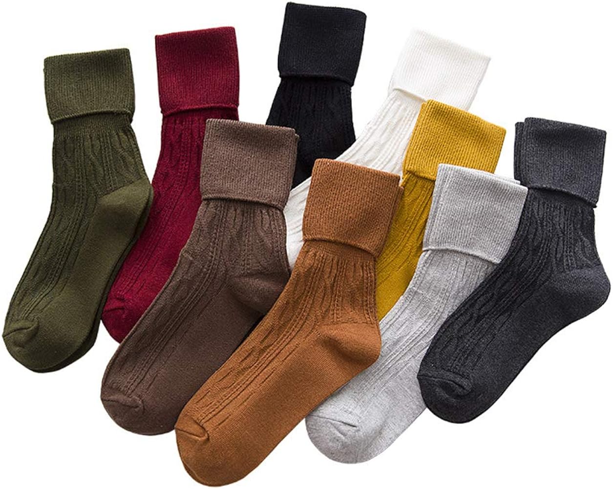 9 Pairs Women's Crew Socks Long Knit Turn Cuff Cotton Slouchy Calf socks for Women Girls Ladies