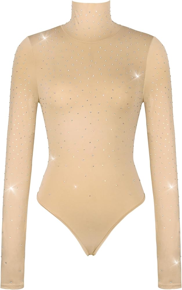 Women's Sparkly Rhinestone Bodysuit Turtle Neck Back Zipper Long Sleeve Leotard Top with Thumb Hole