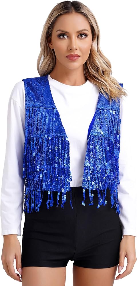 YiZYiF Women's Sequin Fringe Vest Sparkly Open Front Waistcoat Sleeveless Jackets Glitter Vest Coat Party Prom