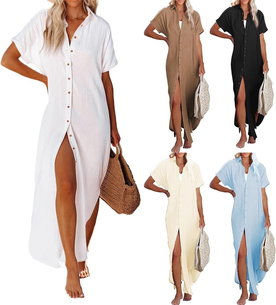 Womens Swimsuit Cover Ups Casual Short Sleeve Side Split Button Down Long Kimonos Cardigans Summer Beach Coverup Dress