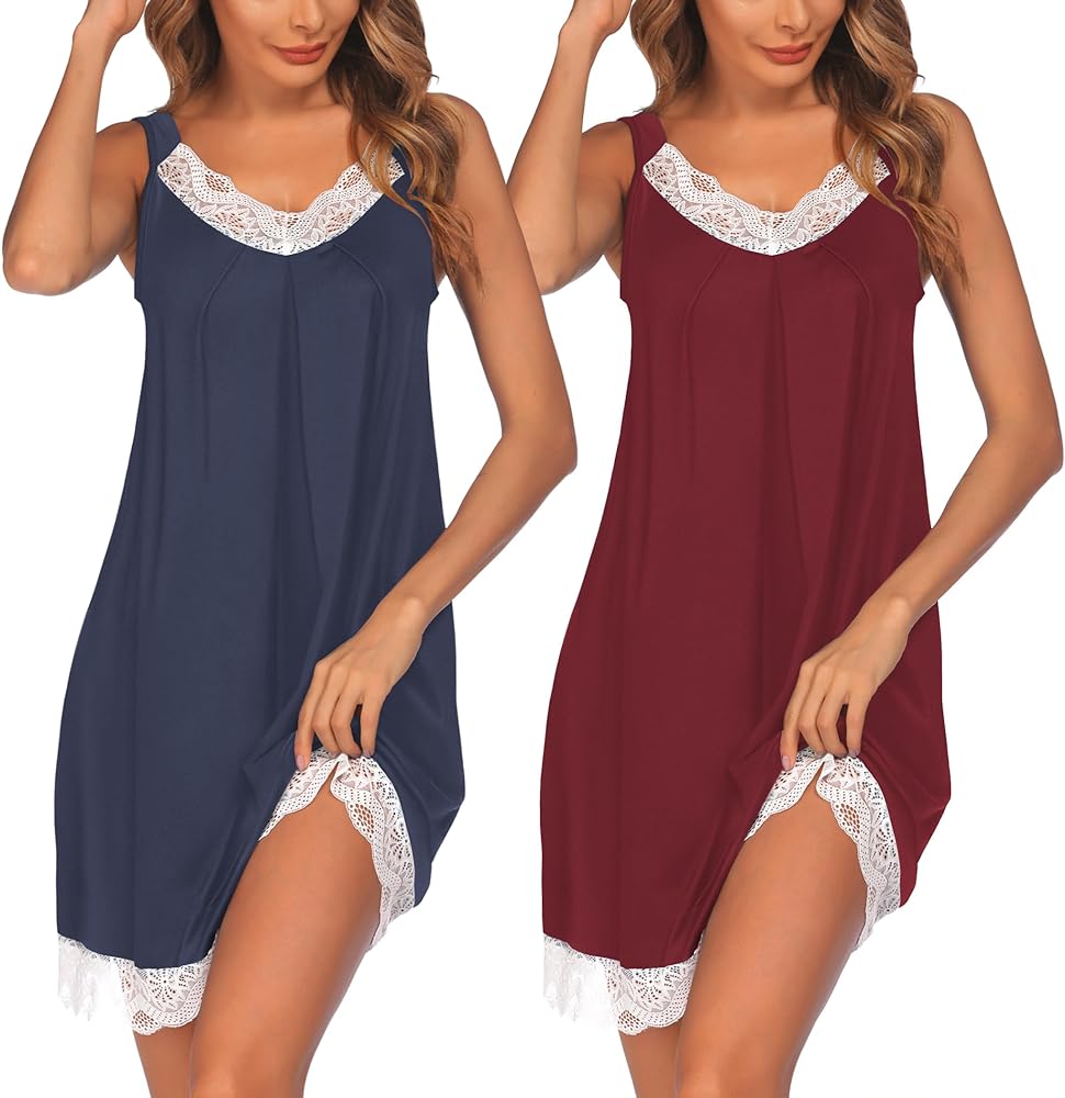 Ekouaer Womens Nightgown 2 Pack Nightgown V Neck Lace Sleepwear Sleeveless Chemise Women's nightgowns & sleepshirts S-XXL