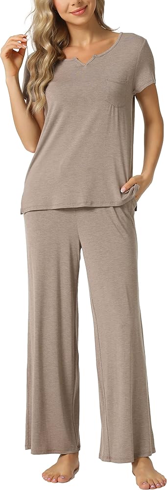 LazyCozy Womens Short Sleeve Pajama Sets - Viscose Made from Bamboo, 2 Piece Lounge Pj Set Sleepwear