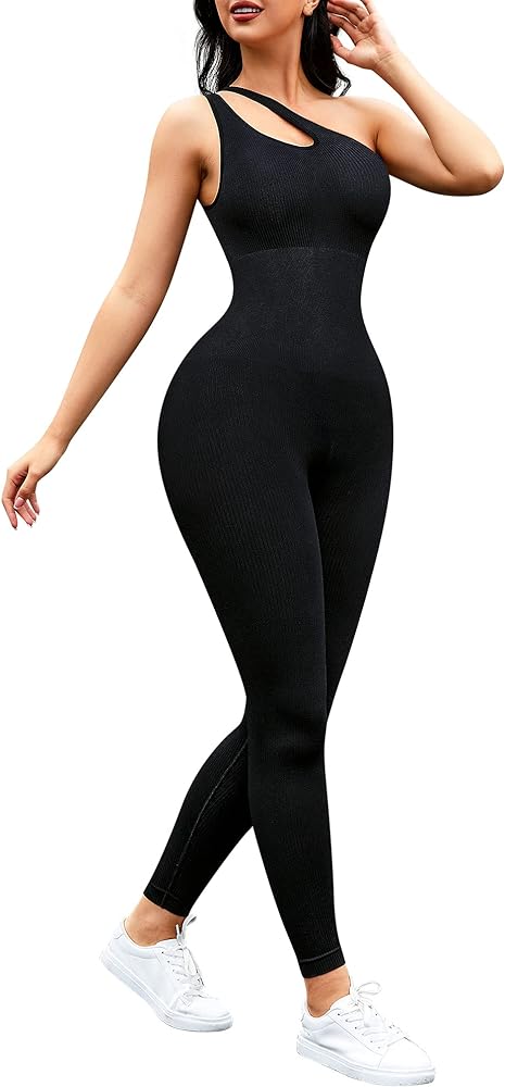 TrainingGirl Women's Sports Jumpsuits One Shoulder Yoga Romper Sleeveless Tummy Control Bodysuits Workout Leggings Tracksuits