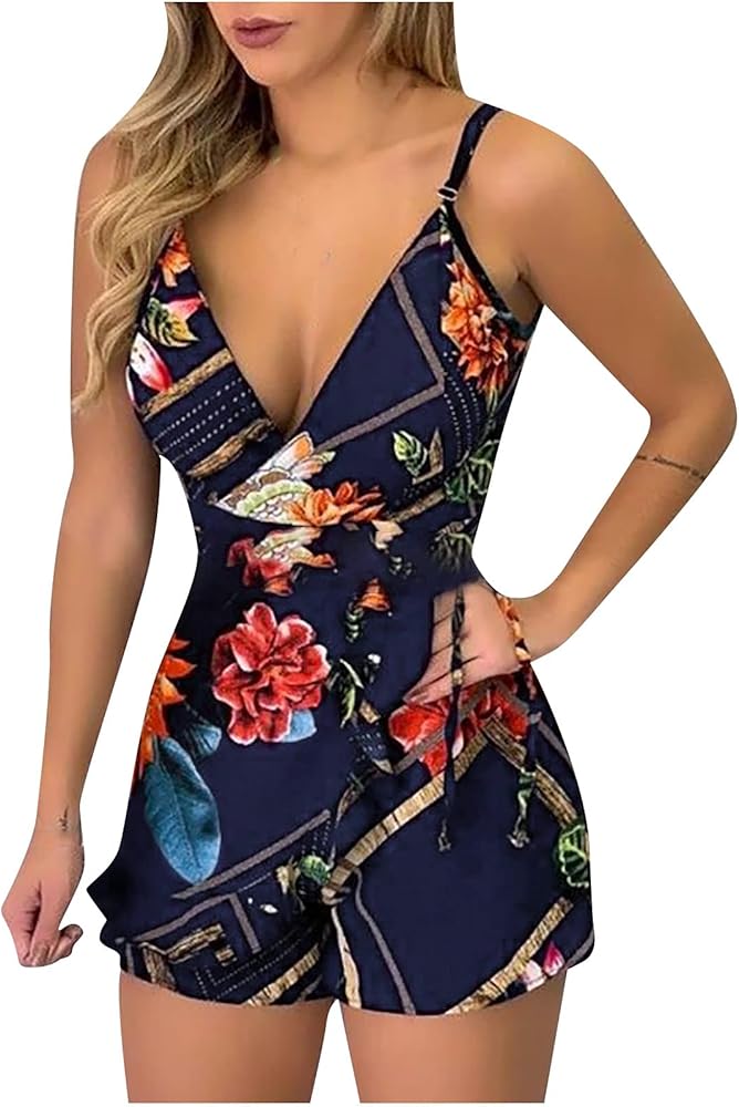 Women Summer Pinafore Rompers Fashion Bandage V-Neck Sleeveless Casual Printing Short Jumpsuit Onesie Lounge Outfits