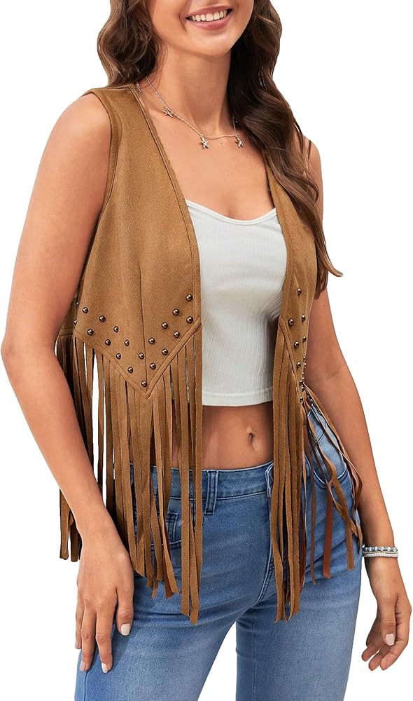 OYOANGLE Women's Fringe Trim Open Front Vest Coat Sleeveless Cardigan Studded Tassel Jacket