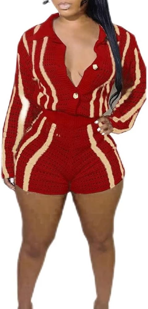 Aladeno Women Knitted 2 Piece Shorts Outfits - Color Block Knit Crochet Cutout Long Sleeve Button Shirts Shorts