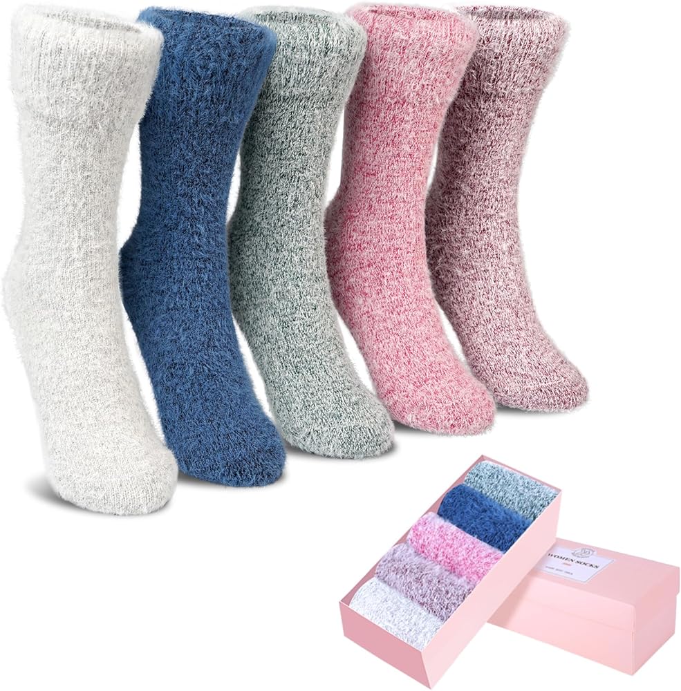 SISOSOCK Fuzzy Socks for Women Cozy Soft Warm Socks Casual Home Sleep Comfy Socks 5 Pack Winter Socks Gifts for Women